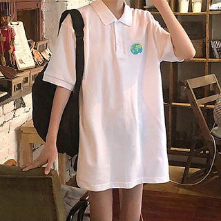 Elbow-sleeve Earth Embroidered Polo Shirt