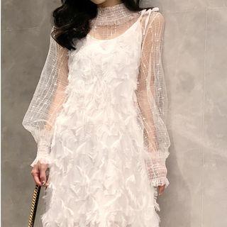 Long-sleeve Mesh Top / Spaghetti Strap Midi Fringed Dress