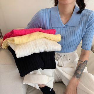 Plain Short-sleeve Slim-fit Knit Polo-shirt
