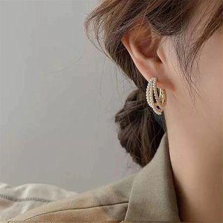 Faux Pearl Hoop Earring 1 Pair - S925 Silver Needle - White Faux Pearl - Gold - One Size