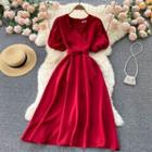 V-neck Knotted Lace-up Strap Puff-sleeve Dress