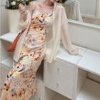 Spaghetti Strap Floral Bodycon Dress / Long-sleeve Sheer Shirt