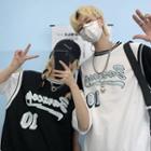 Elbow-sleeve Mock Two-piece Lettering Print T-shirt