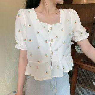 Short-sleeve Square Neck Floral Print Chiffon Blouse