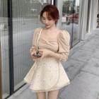 3/4-sleeve Blouse / Lace Trim Mini A-line Skirt