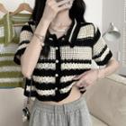 Short-sleeve Striped Cropped Knit Polo Shirt