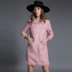 Long-sleeved Pocketed Straight Fringed Woolen Plain Dress