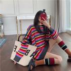 Color-block Striped Crewneck Long-sleeve Sweater As Shown In Figure - One Size