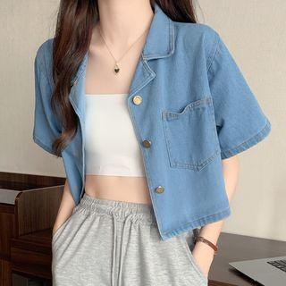 Short-sleeve Washed Denim Crop Shirt Blue - One Size