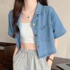 Short-sleeve Washed Denim Crop Shirt Blue - One Size