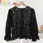 Long-sleeve Flower Embroidered Mesh Top Black - One Size