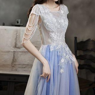 Short-sleeve Fringe Embellished A-line Evening Gown