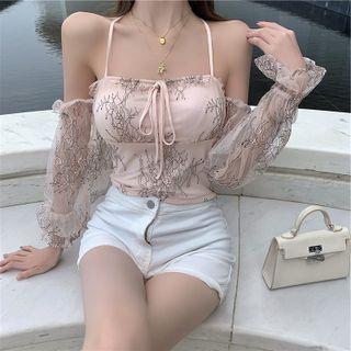 Bell-sleeve Cold-shoulder Mesh Panel Top