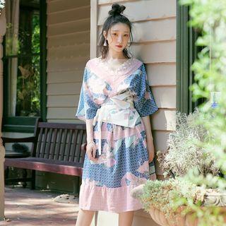 Elbow-sleeve Floral A-line Dress Pink & Blue - S