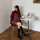 Lantern-sleeve Mock Two Piece Plaid Dress