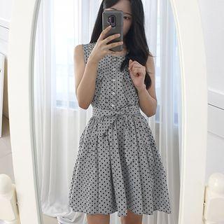 Petite Size Sleeveless Tie-waist Dotted Flare Dress Gray - One Size