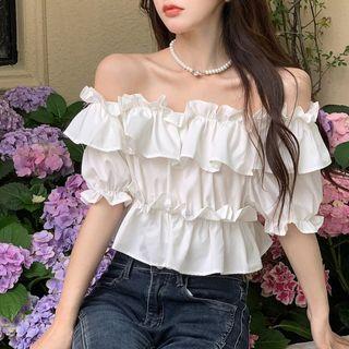 Puff-sleeve Off-shoulder Ruffled Blouse White - One Size