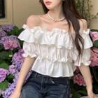 Puff-sleeve Off-shoulder Ruffled Blouse White - One Size
