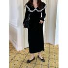 Long-sleeve Mesh Ruffle Midi A-line Velvet Dress Black - One Size