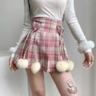 Pom Pom Accent Plaid Pleated Mini A-line Skirt