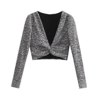 Long-sleeve V-neck Sequin Print Crop Top