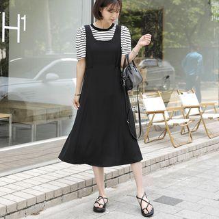 Set: Long Overall Dress + Stripe T-shirt Black - One Size