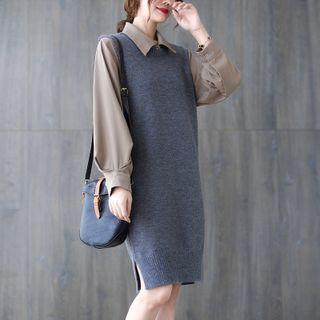 Set: Plain Shirt + Knit Overall Dress Dress - Gray & Shirt - Mocha - One Size