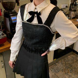 Lantern-sleeve Blouse / Bow Tie / Mini Pleated Skirt / Fringed Hem Camisole Top / Set