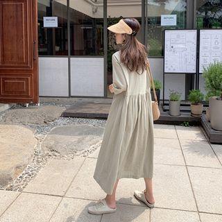V-neck Buttoned Long Empire Dress Light Khaki - One Size