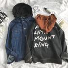 Lettering Loose-fit Hooded Washed Denim Jacket
