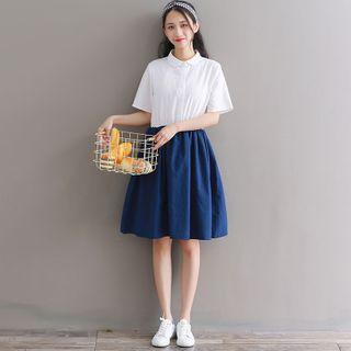 Two-tone Polo-neck Short-sleeve Mini A-line Dress