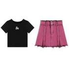 Short-sleeve Bear Embroidered T-shirt / Denim Mini A-line Skirt