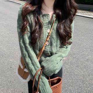 Round-neck Cable Knit Long-sleeve Cardigan Grass Green - One Size
