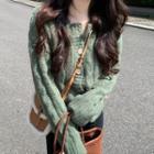 Round-neck Cable Knit Long-sleeve Cardigan Grass Green - One Size