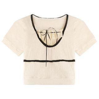 Short-sleeve Contrast Trim Knit Crop Top / Plaid Mini A-line Skirt