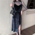 Set: Long-sleeve Sheer Top + Sleeveless Slit Velvet Dress