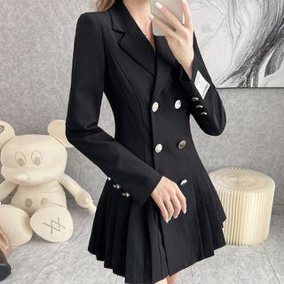 Lettering Patch Double-breasted Pleated Mini A-line Blazer Dress