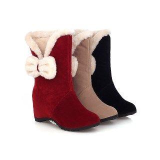 Bow-accent Mid-calf Wedge Boots