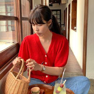 Puff-sleeve Linen Cardigan