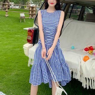 Sleeveless Ruched Tiered Check Midi Mermaid Dress