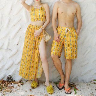 Couple Matching Set: Patterned Tankini Top + Cover-up + Swim Shorts / Beach Shorts