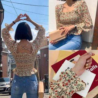 Balloon-sleeve Smocked Floral Crop Top