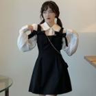 Spaghetti Strap Square Neck Bow-accent Mini Dress / Plain Shirt