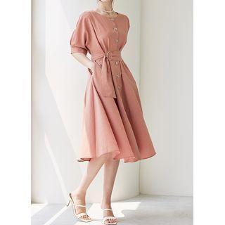 Batwing-sleeve Belted Midi Dress