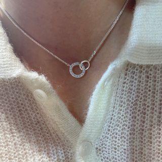 Interlocking Rhinestone Pendant Sterling Silver Necklace Xl1843 - Silver - One Size