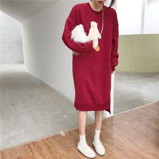 Bear Print Loose-fit Pullover Dress Wine Red - One Size