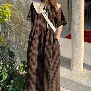 Short Sleeve Collar Gingham Midi A-line Dress