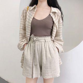 Plaid Shirt / Knit Camisole Top / Wide-leg Shorts