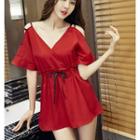 Cold-shoulder Drawstring A-line Dress Wine Red - One Size