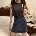 High-waist Denim Mini A-line Skirt With Belt